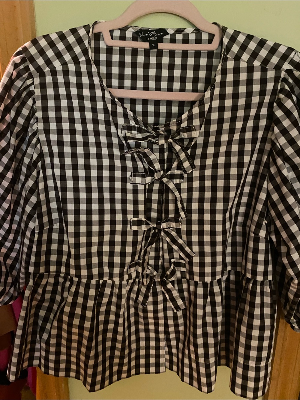 Brown & white Gingham Bow-Front  cotton top.